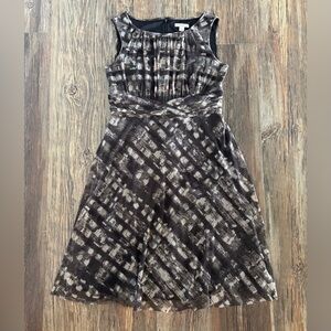 Coldwater Creek Midi Dress Sz M (10-12) Mesh Overlay Ruched Waistband Black Tan